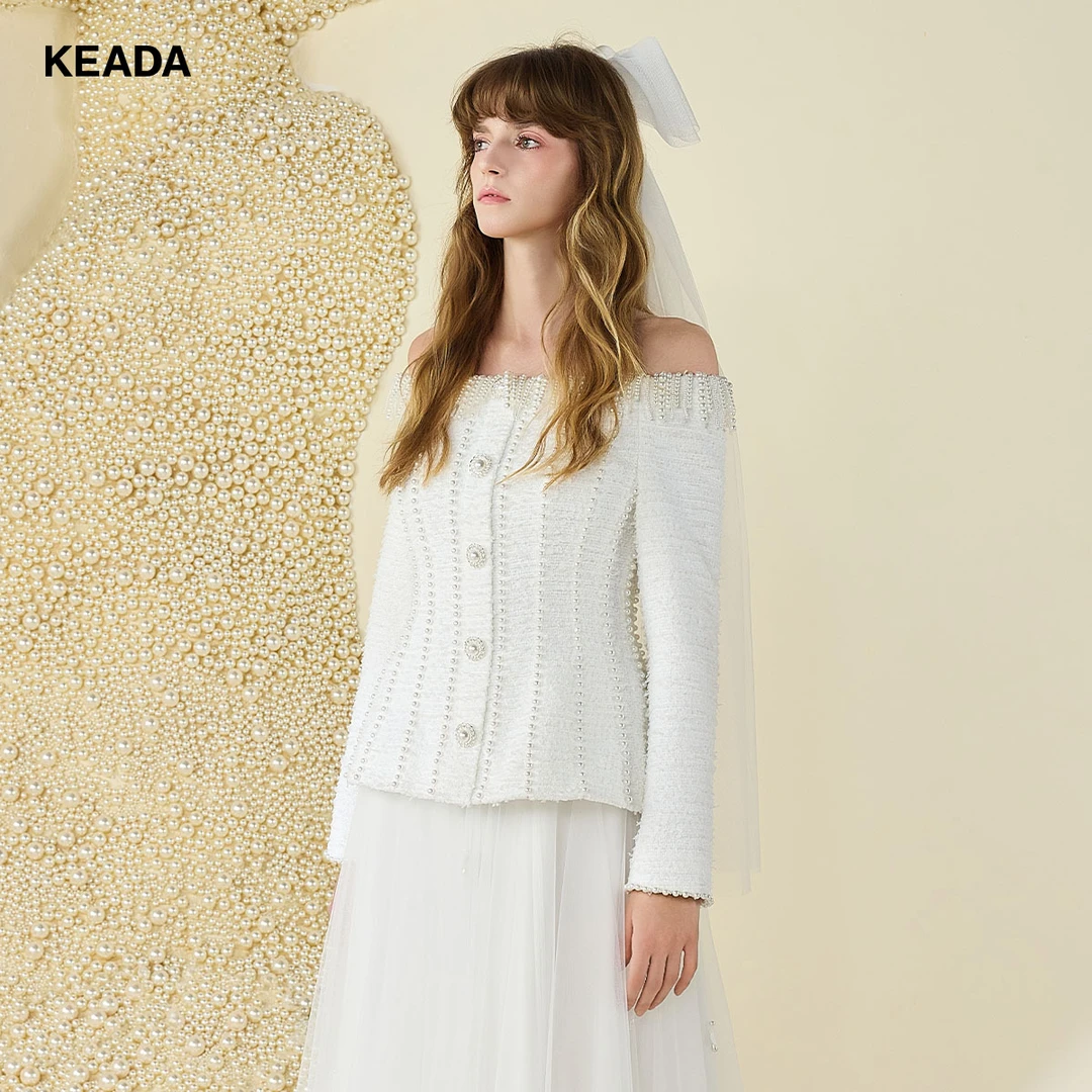 KEADA外套珍珠一字肩领水钻纽扣华丽感小香风外套KSN4042465