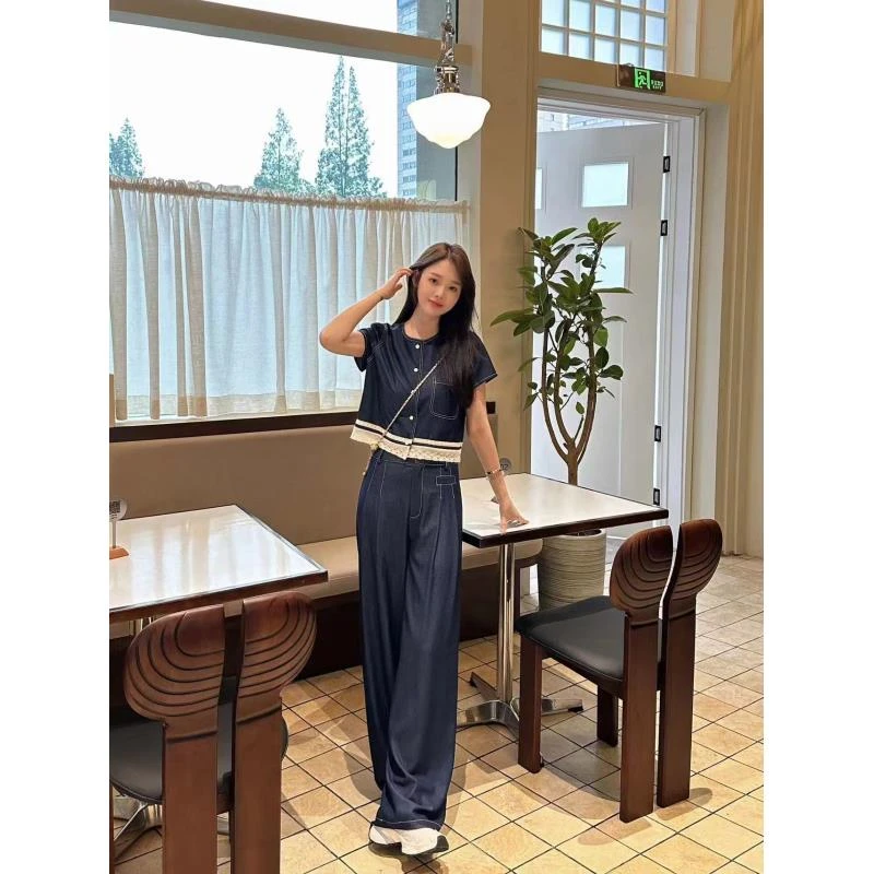 LUOZHIYIN/罗知音T10117X气质时尚女士蓝色牛仔上衣阔腿裤