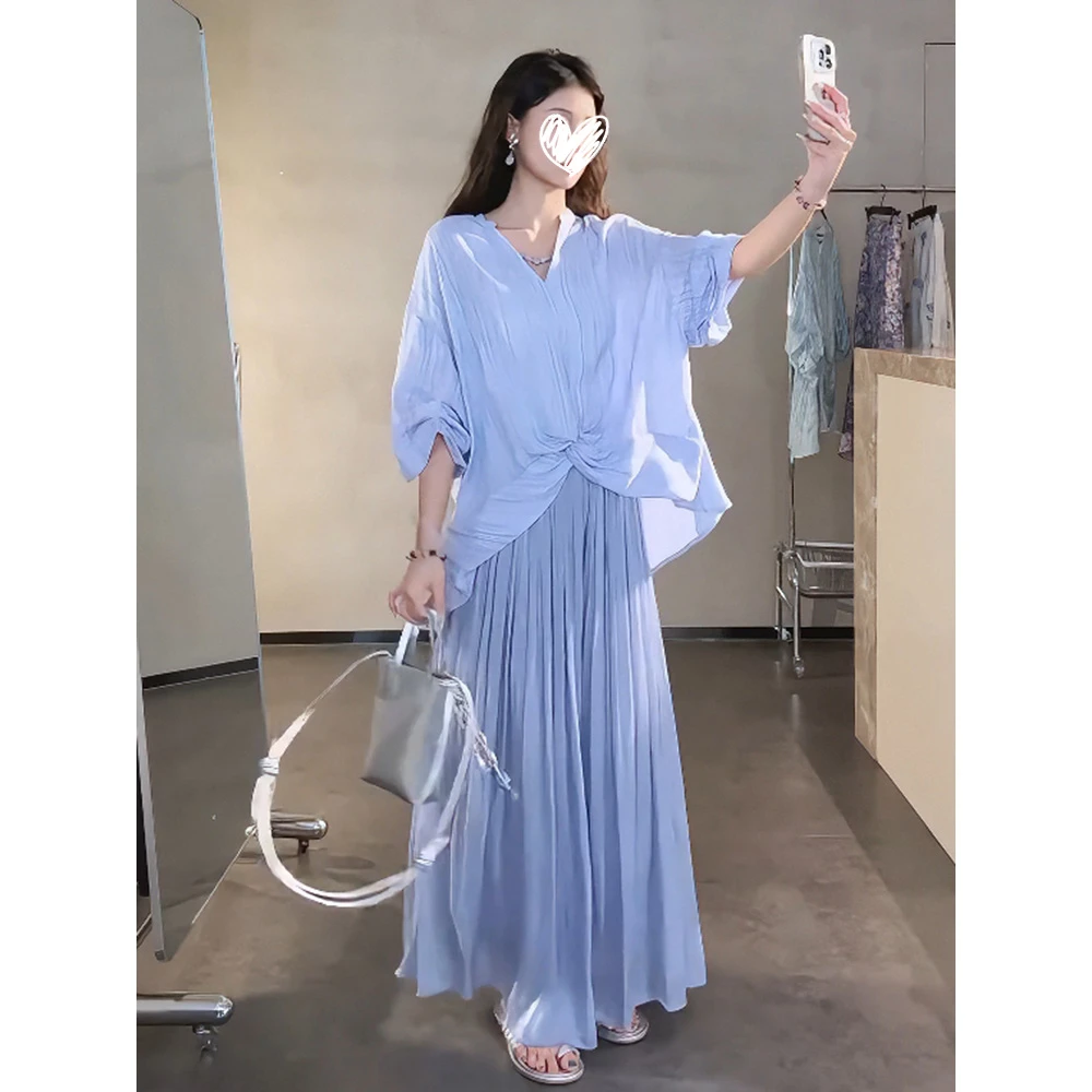 夏季新款设计感慵懒透气衬衫坠感飘逸褶皱裙裤时尚套装洋气衣服女