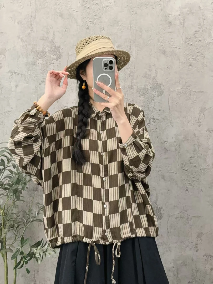 撞色格子休闲衬衣女新款时尚翻领单排扣宽松百搭抽绳衬衫H42