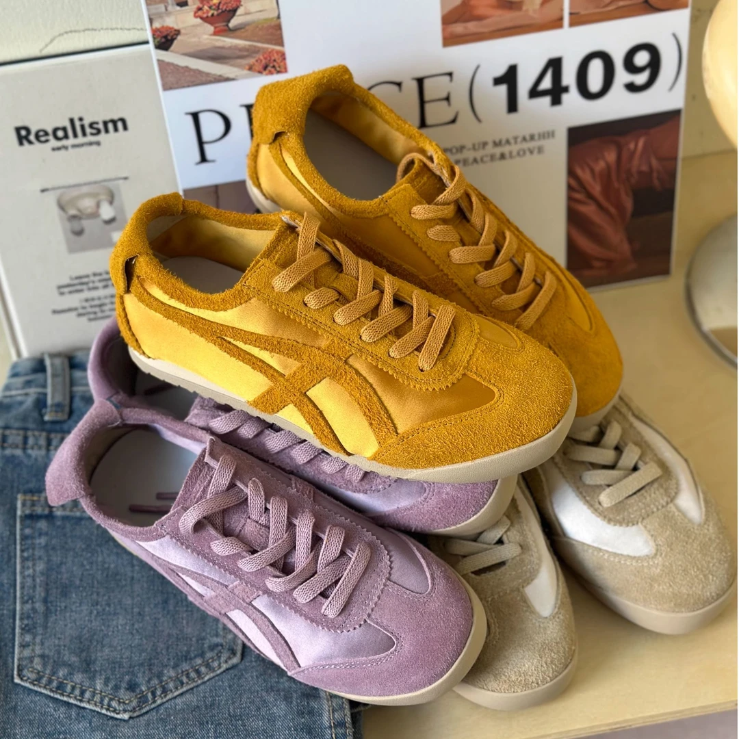 黄色磨砂透气德训鞋女时尚潮鞋复古平底系带阿甘鞋百搭休闲运动鞋