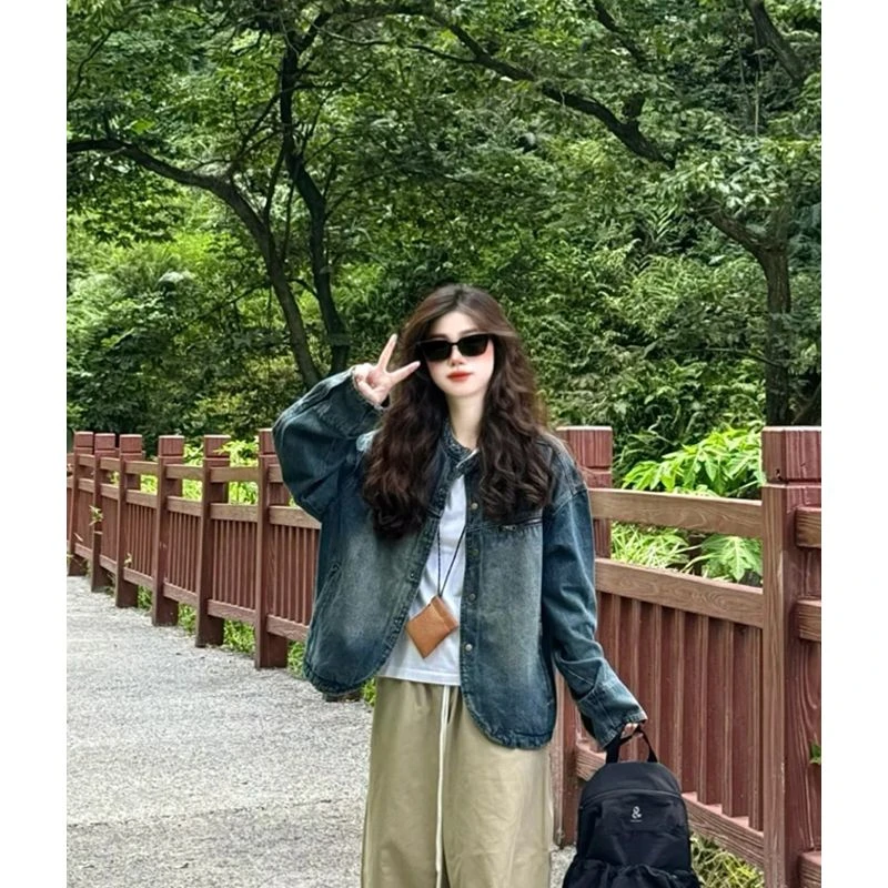 超好看做旧牛仔外套女春秋日系复古宽松休闲设计感小众夹克牛仔衣