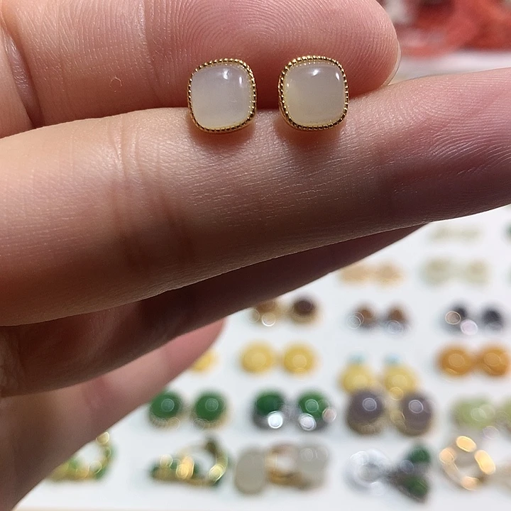 银S925镀金镶嵌和田玉（白玉）耳饰