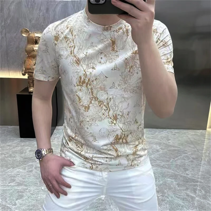 2025夏季新款男士短袖t恤冰丝修身圆领透气网红提花半袖T恤男装