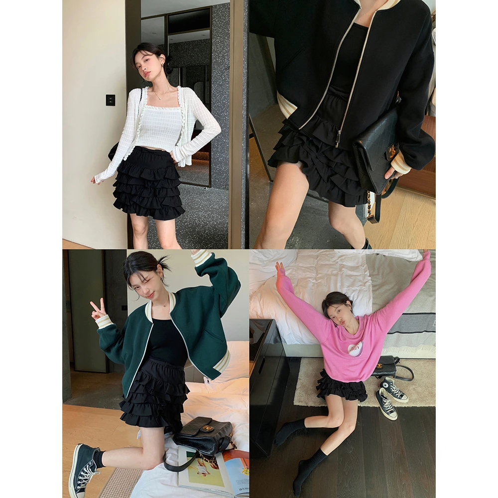 张贝贝ibell蝴蝶结荷叶边A字短裙女 高支细斜纹 设计感高腰半裙