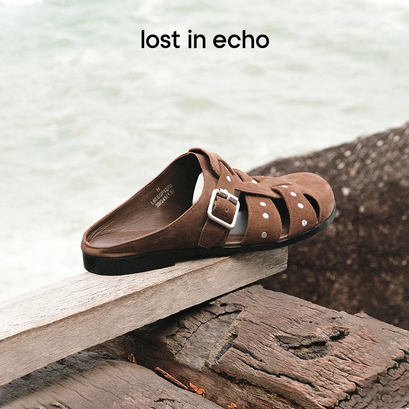 lostinecho【达人专属】春夏时尚高级手工擦皮铆钉包头拖渔夫半拖鞋