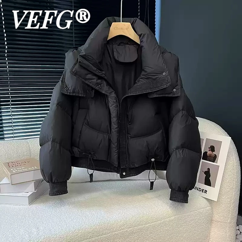 VEFG黑色连帽设计短棉服冬季女2025外套拉链感保暖加厚面包服上衣