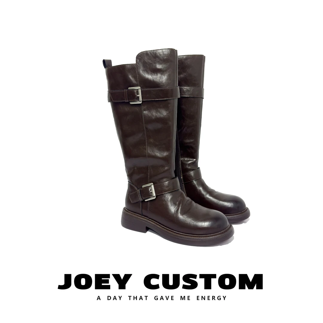 JOEY | 欧洲站复古冬款加绒皮带扣高筒骑士靴不过膝长靴  7966
