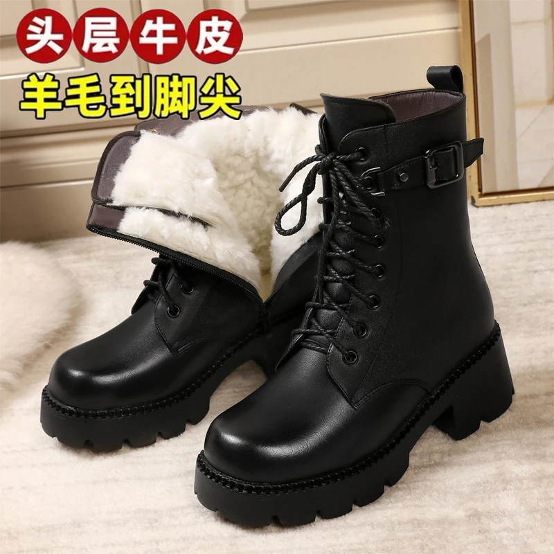 红蜻蜓金典2025全牛皮真皮靴子中筒靴妈妈短靴女棉鞋冬加绒厚羊毛