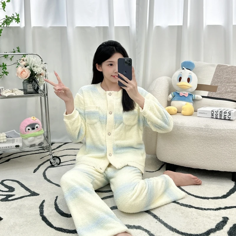 新爆款睡衣女冬季绒款条纹开衫保暖加厚可外穿家居服套装休闲裤子