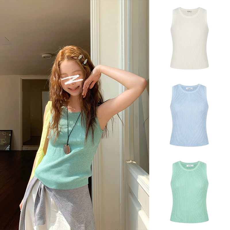 Moses Queen/魔西女王夏季小清新薄荷绿针织内搭外穿吊带背心