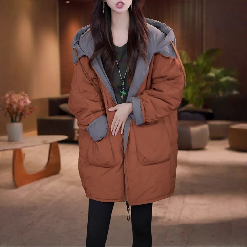 官图 2025秋冬时尚休闲加厚保暖双面穿棉衣气质显瘦连帽棉服外套