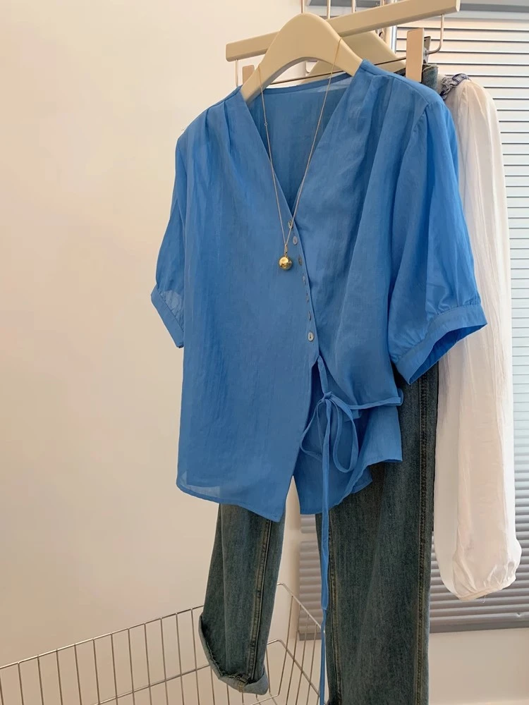不规则克莱因蓝v领短袖正肩衬衫女夏薄款设计感上衣小衫2025新款