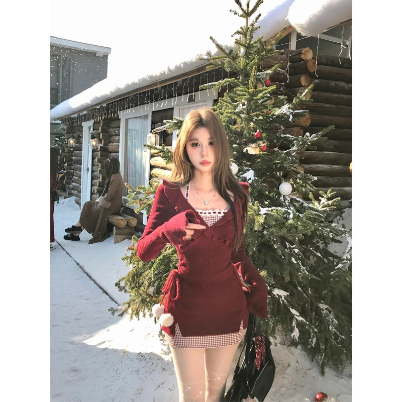 Mejiu蜜九【新年软妹】假两件针织连衣裙翻领甜辣打底设计显瘦内搭