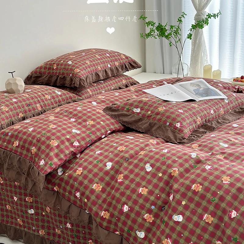 全棉法式高温砂洗床盖款四件套圣诞款花边加厚夹棉防滑韩版公主风