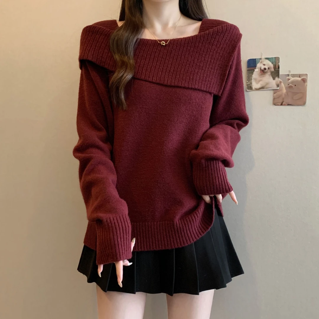 大码遮肚子方领红色毛衣女秋冬胖妹妹宽松显瘦百搭洋气针织打底衫