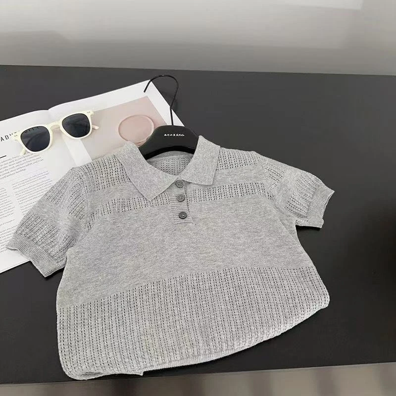 2025儿童夏季韩版短袖休闲针织POLO衫洋气男女童镂空薄款T恤小衫