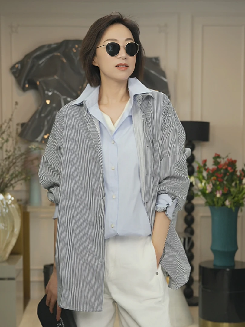 D.BOSS“南屏晚风”日系条纹长袖衬衫复古宽松休闲外套高级感衬衣