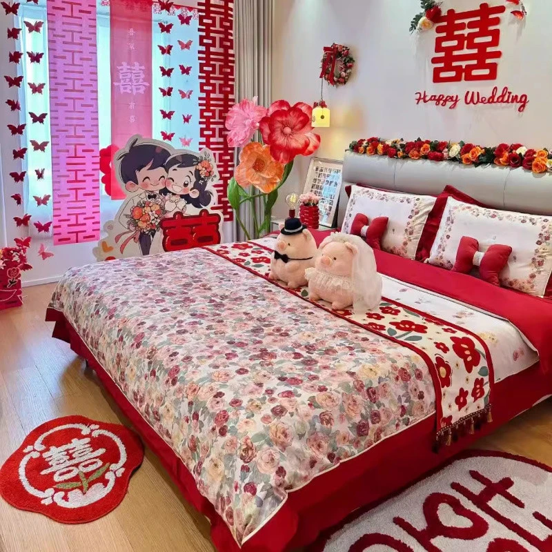 水星家纺适用100支长绒棉结婚四件套陪嫁大红色婚庆婚嫁被套床上