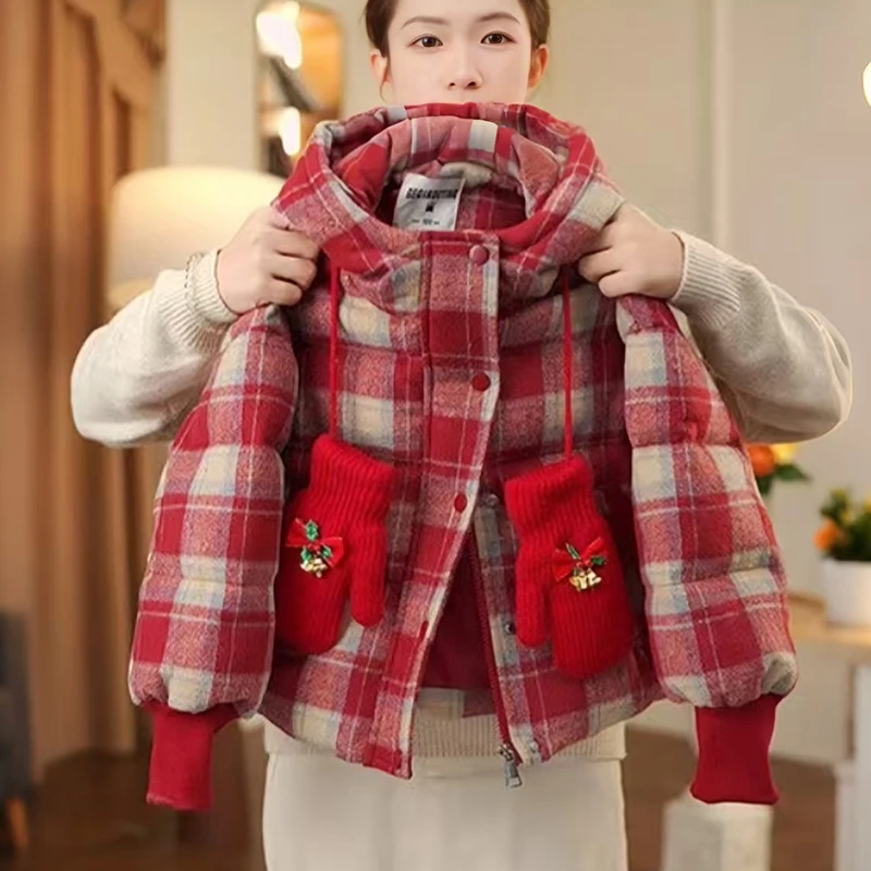 女童冬季棉服2025款洋气女孩加绒加厚甜美百搭连帽格子棉衣外套潮