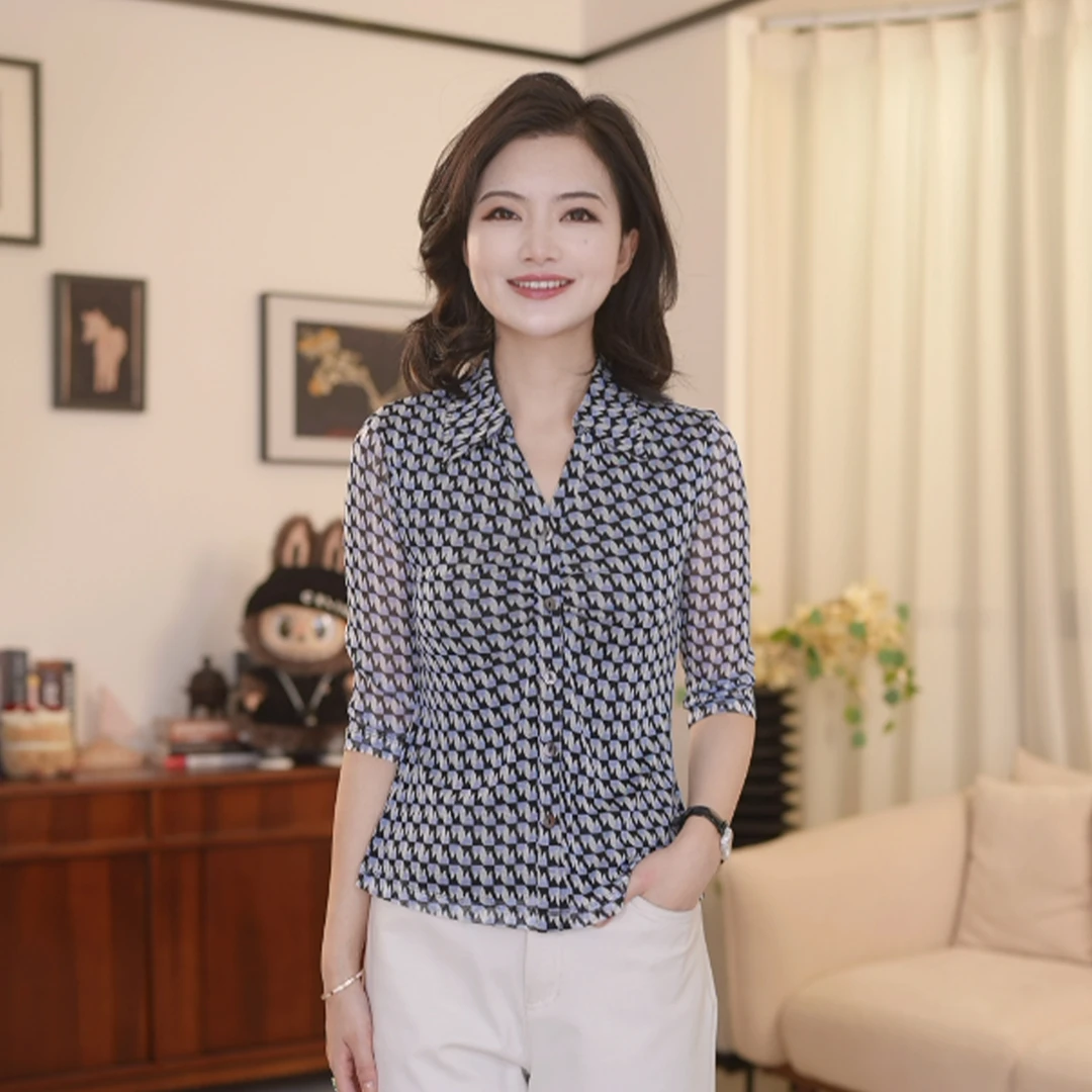 【针织桑蚕丝】枫竺阿楠anan优雅翻v领七分袖印花弹力真丝小衫衬衣