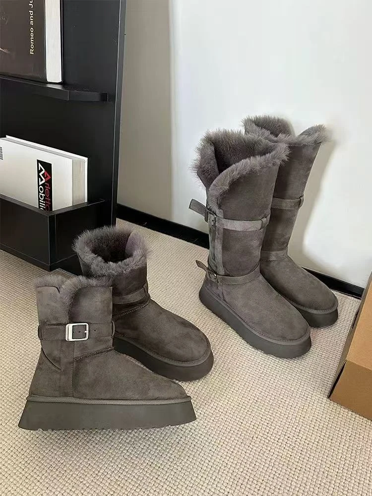 【050-090】两穿骑士靴女秋冬新款东北保暖不过膝皮带扣雪地靴zz