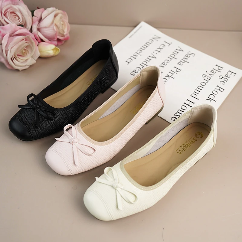 真皮牛皮温柔浅口单鞋软底软皮方头平底蝴蝶结时尚单鞋3703