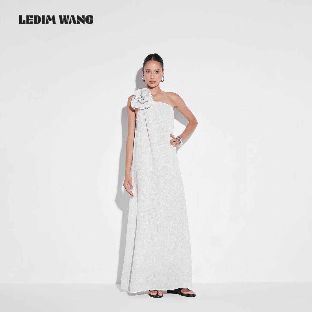 LEDIM WANG【张雨绮同款】白标/立体花斜肩亚麻连衣裙女夏2025长裙