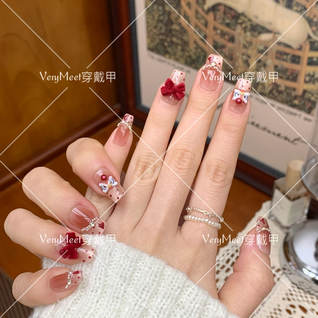 VeryMeet穿戴甲 醒狮款温柔气质立体蝴蝶结中T可爱少女美甲贴92