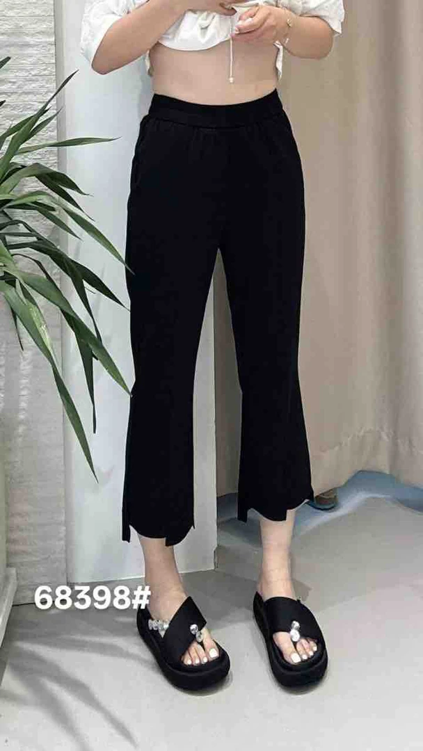 8398弹力八分松紧高腰显瘦开叉微喇裤