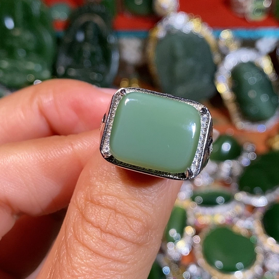 和田玉（碧玉）银S925镶嵌戒指