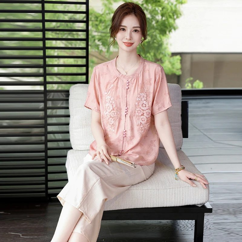 妈妈夏季套装中年妈妈夏季短袖上衣轻薄凉爽透气舒适婆婆开衫