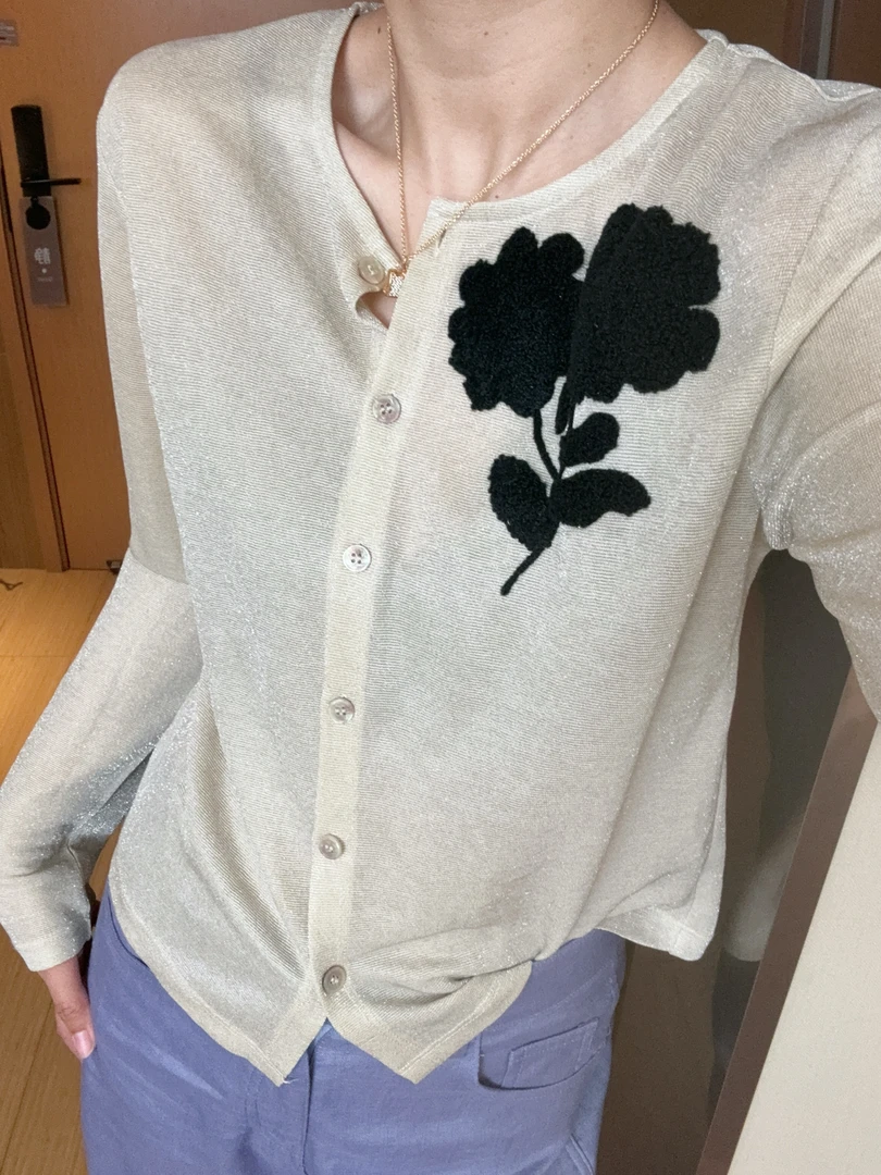 No 褪【金酉钱】夏季 重工珠光花朵长袖衫