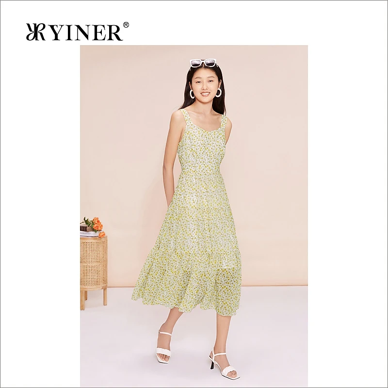 YINER音儿女装夏季时尚法式优雅收褶收腰印花吊带连衣裙