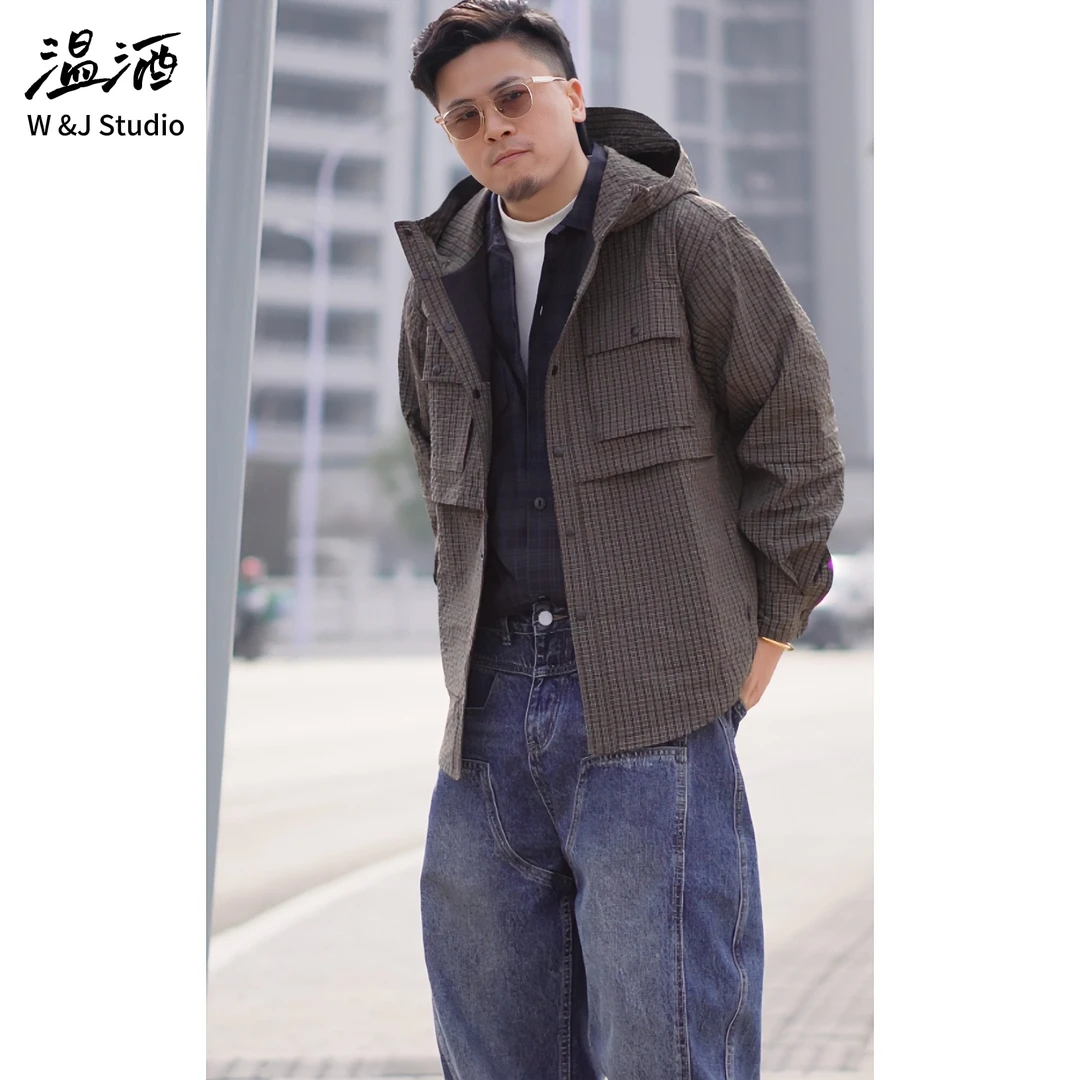 【层次叠拼】报纸感防水微皱风衣外套 春季假两件格子连帽冲锋衣