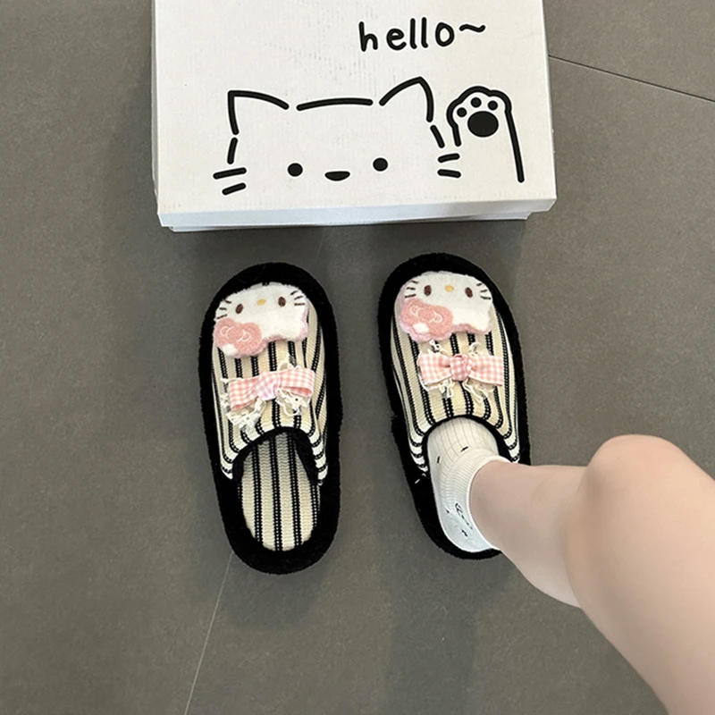 时尚动漫可爱卡通大头猫厚底条纹包头拖鞋女2025冬季新款休闲拖鞋