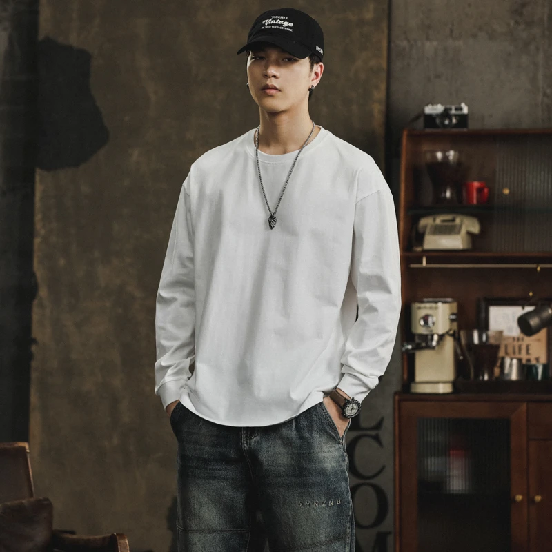 2305纯色潮流简约圆领长袖休闲百搭男经典宽松春季新款打底衫