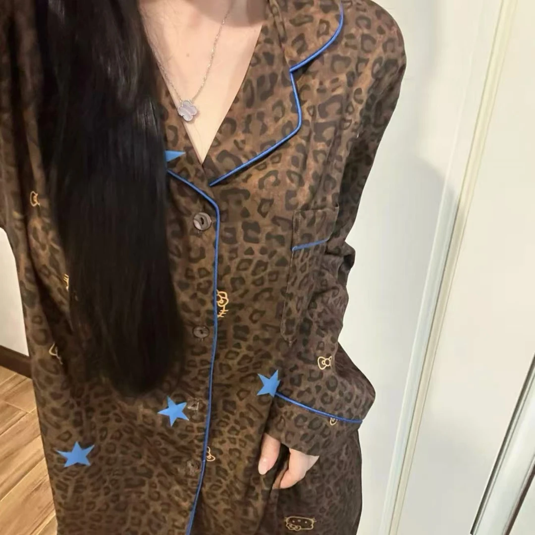 【长袖棕色豹纹kt猫】长袖可爱卡通甜酷睡衣女春秋家居服套装