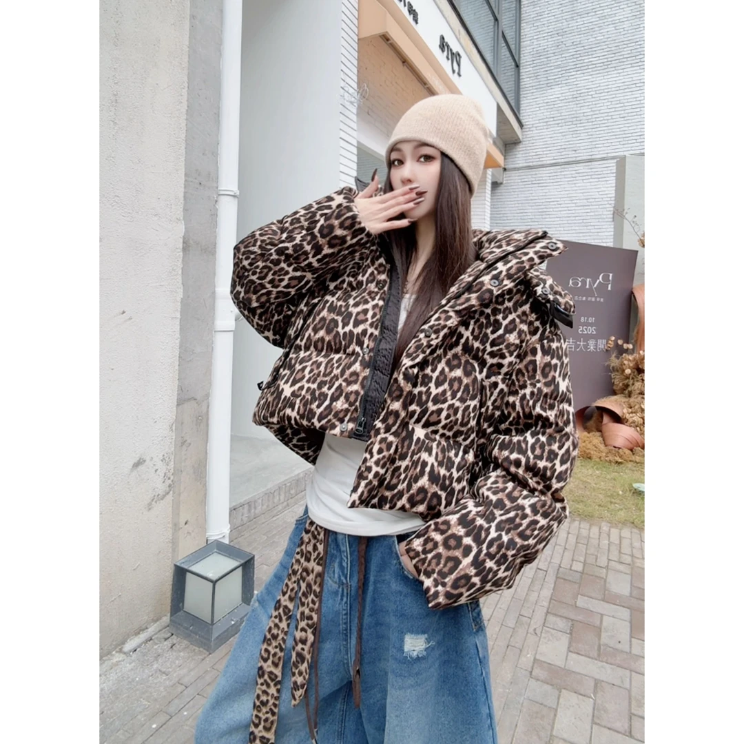 【大大梨】新款美式时尚豹纹宽松加厚保暖羽绒服外套fbcsh25927