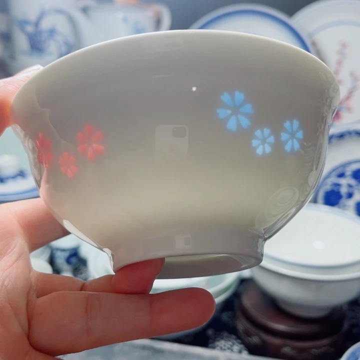 青花玲珑5寸饭碗三星花彩玲珑