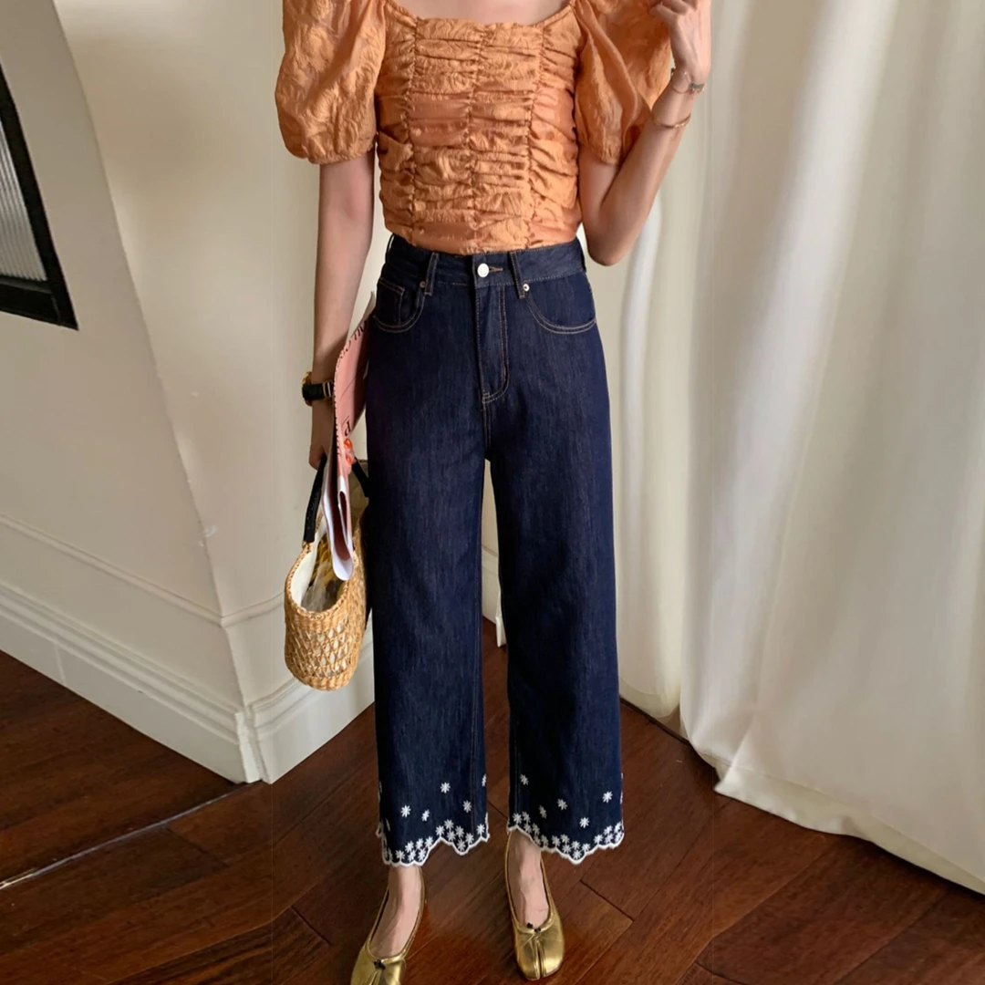 防褪色花朵刺绣九分牛仔裤夏季新款梨形身材高腰显瘦凉感阔腿裤