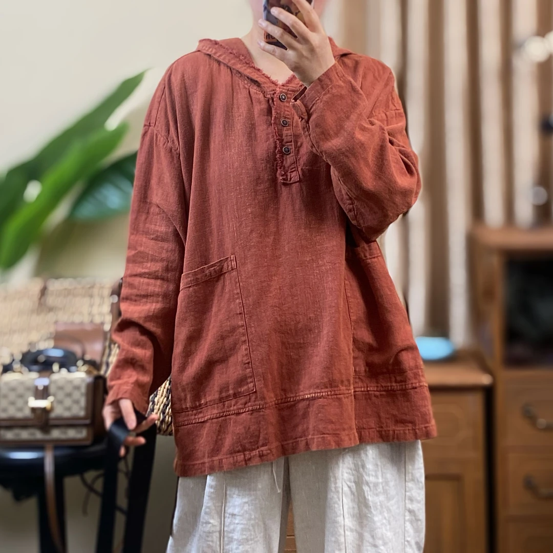 芳姐 2025春季新款炒色做旧砂洗纯亚麻设计感显瘦毛边带帽上衣