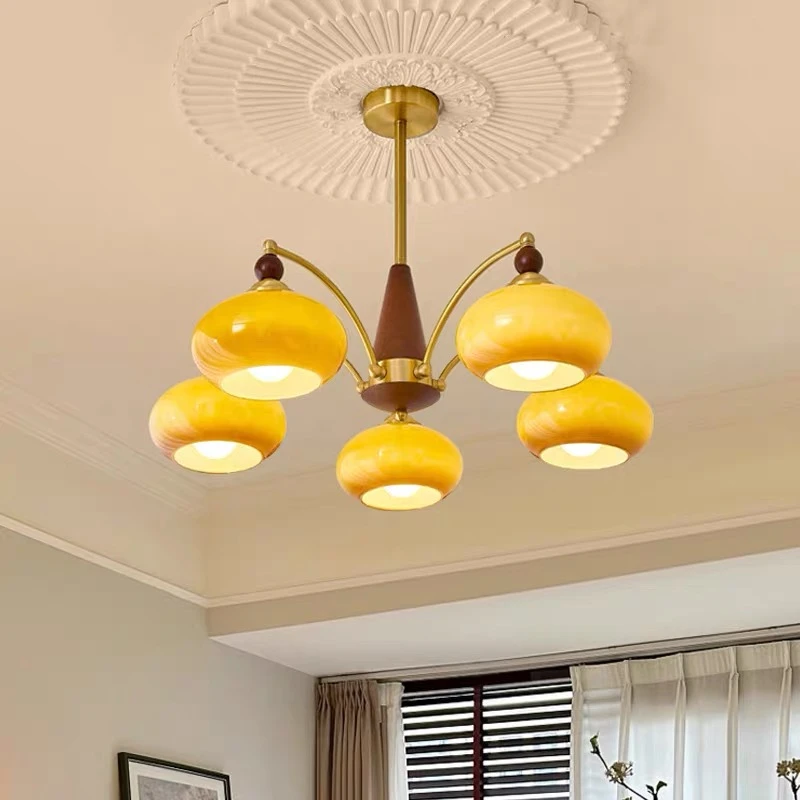 中古柿子客厅吊灯奶油风玻璃卧室书房灯实木法式复古美式书房灯具