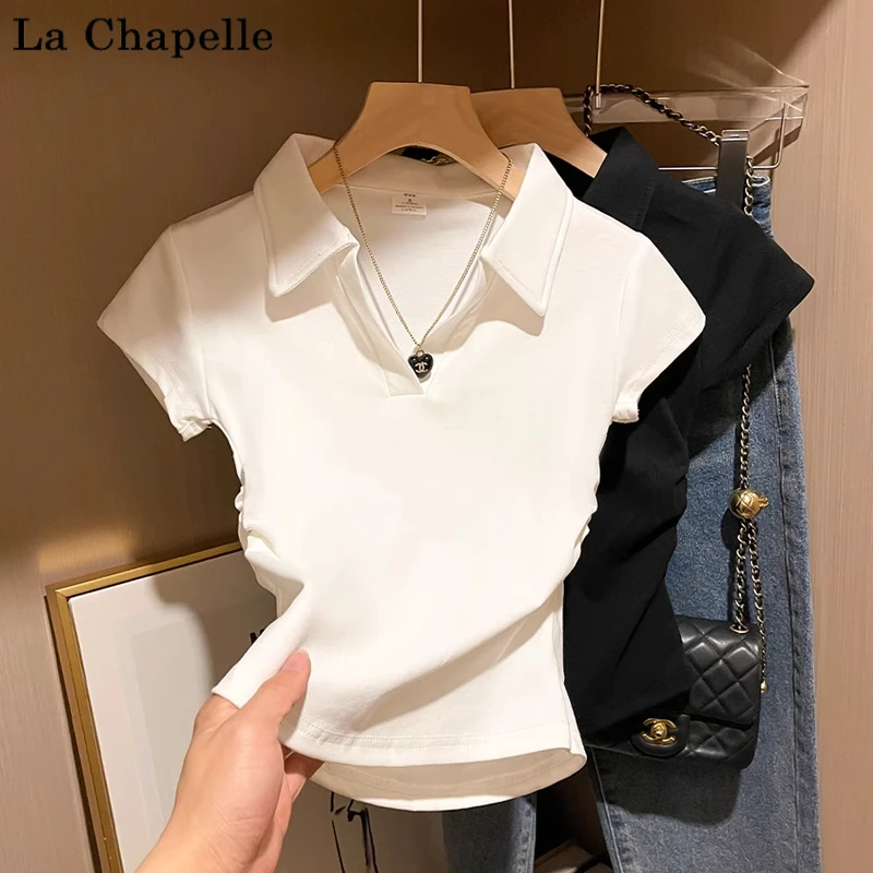 拉夏贝尔短袖T恤女2025年夏季白色polo领翻领上衣收腰修身设计感