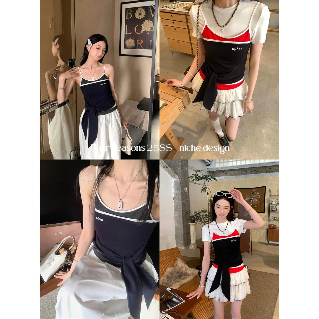 区区欧阳绑带印花吊带背心女夏季外穿辣妹修身显瘦设计感小众上衣