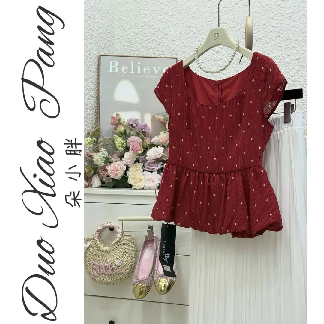 2025夏季大码短袖T恤女甜美荷叶边波点收腰显瘦设计感小众上衣988