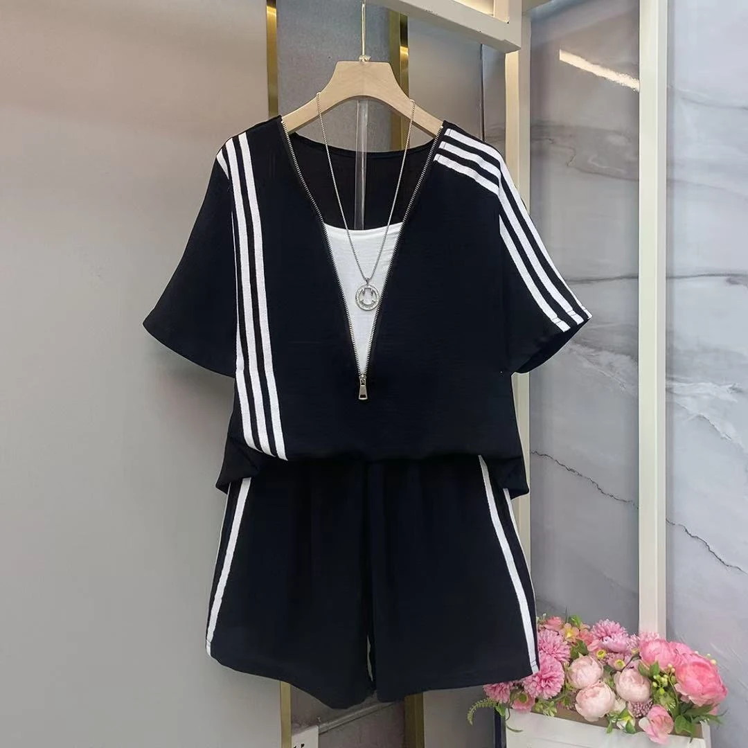 大码女装2025休闲夏季mm新款显瘦时尚套装两件套短袖短裤通勤简约