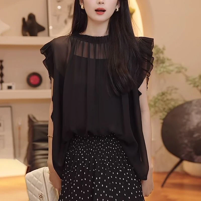 薄款黑色雪纺衫女夏季2025宽松型减龄时尚高级感无袖罩衫洋气上衣