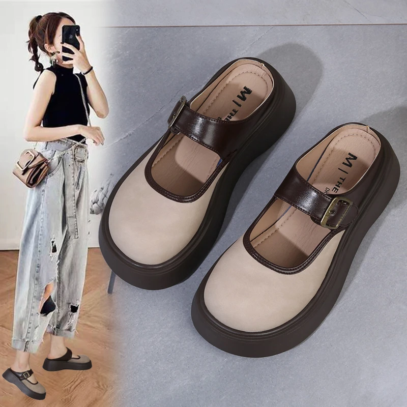 勃肯鞋女2025新款春季外穿复古时尚乐福鞋增高厚底包头半拖鞋潮