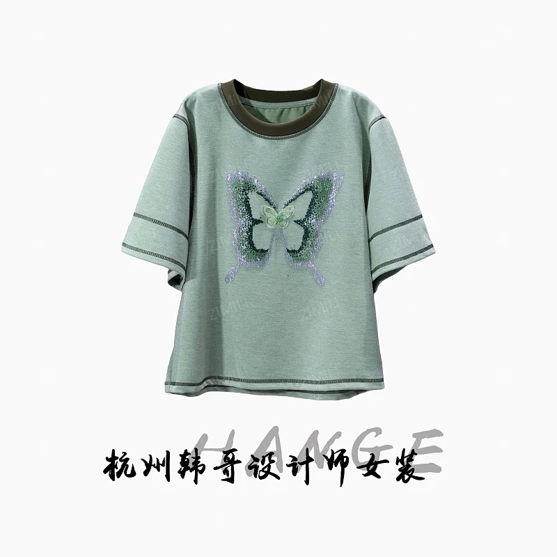 【韩哥女装】2025欧版小众设计灰绿色立体蝴蝶烫钻休闲重工短袖8333